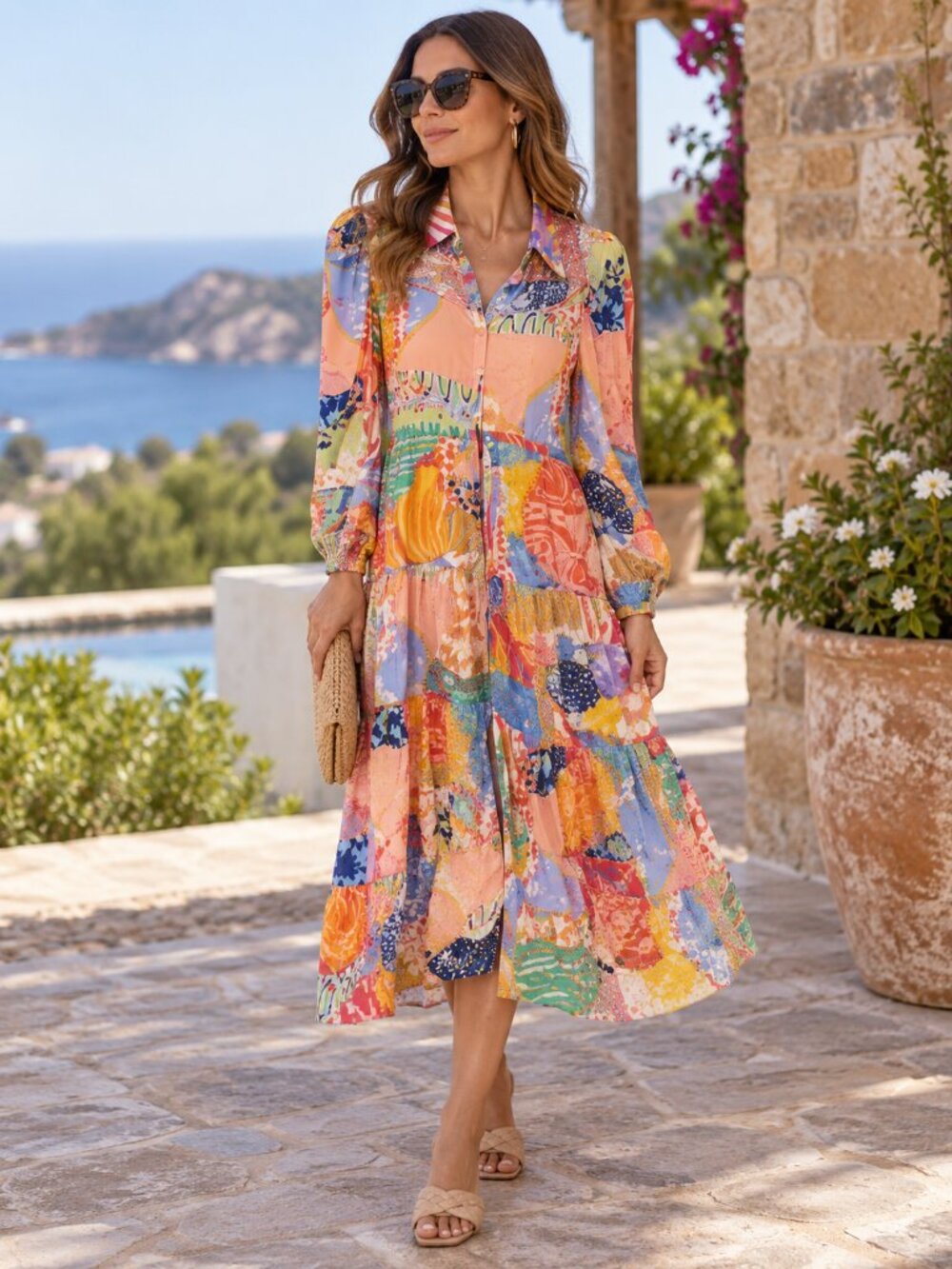 Celia B Toba Unique Printed Scalloped Patchwork Midi Dress Small Multicolor